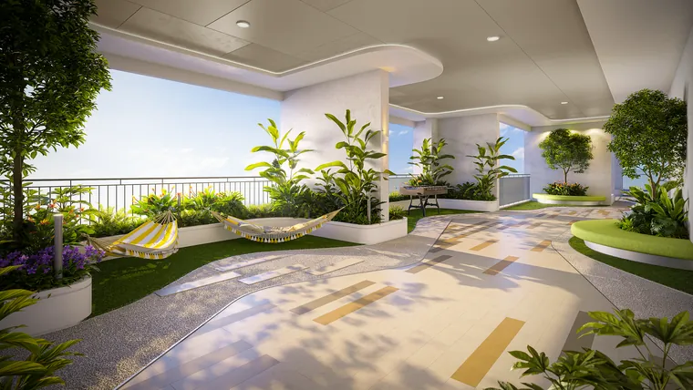 Vườn trên mây tầng 20 Gem Park: thảm cỏ, lối dạo và góc ngồi thư giãn nhìn ra thành phố