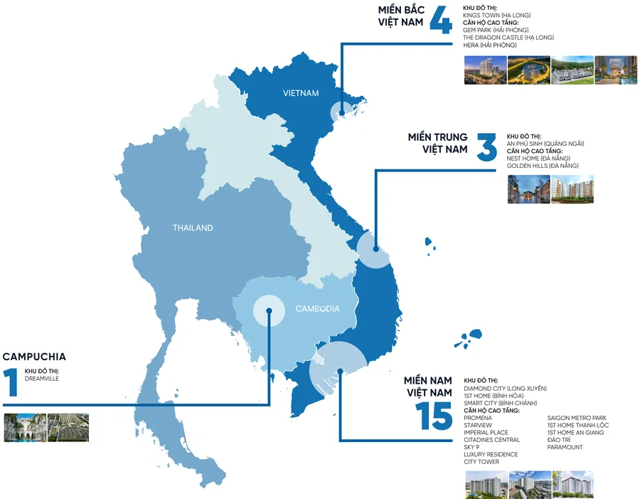 Bản đồ dự án N.H.O tại miền Bắc, miền Trung, miền Nam Việt Nam và Campuchia