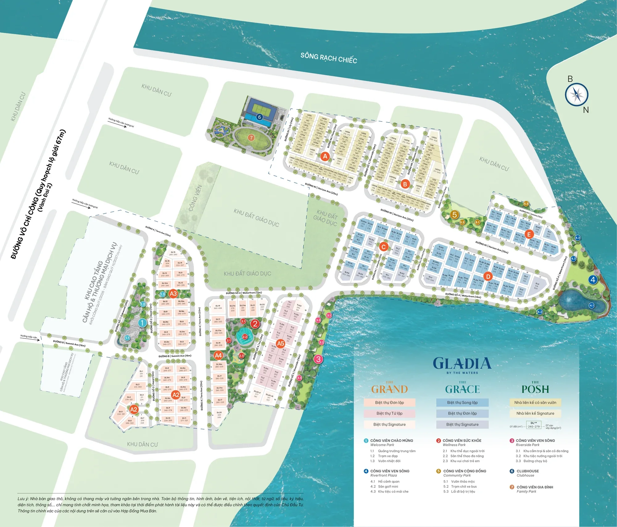 Mặt bằng tổng thể và các tiện ích đánh số GLADIA BY THE WATER