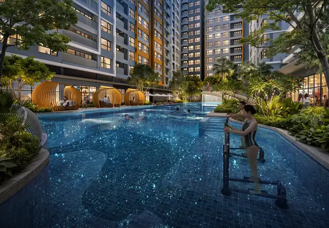 Khu aqua gym trong hồ bơi ánh sao Gladia Heights, đáy hồ lấp lánh như bầu trời sao