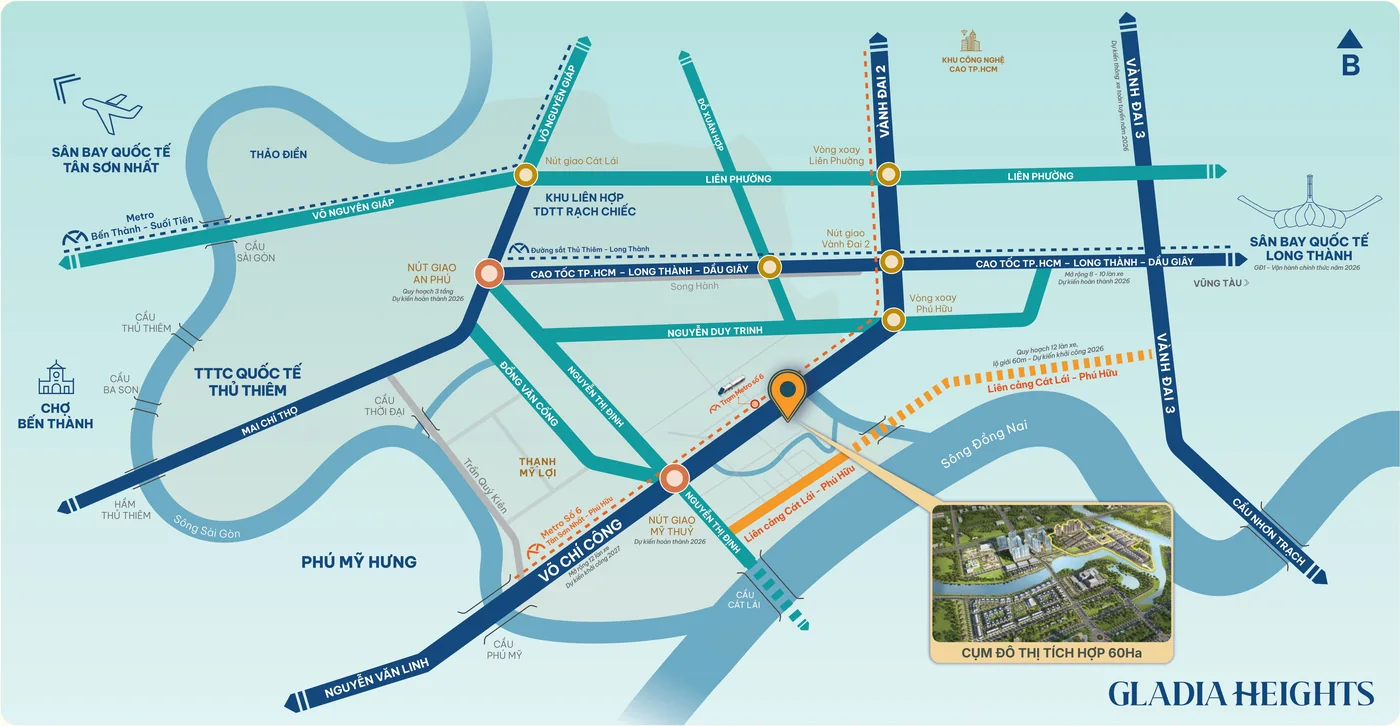 Bản đồ vị trí Gladia Heights trên đường Võ Chí Công: Thủ Thiêm, Phú Mỹ Hưng, Vành đai 2, Vành đai 3