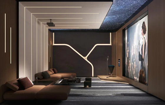 Phòng giải trí đa phương tiện clubhouse Gladia Heights với màn chiếu lớn và sofa