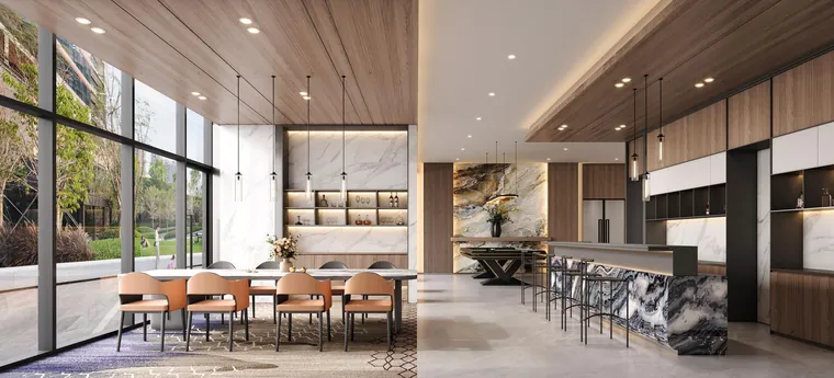 Phòng khánh tiệc trong clubhouse Gladia Heights: bếp mở, bàn tiệc dài và vách kính