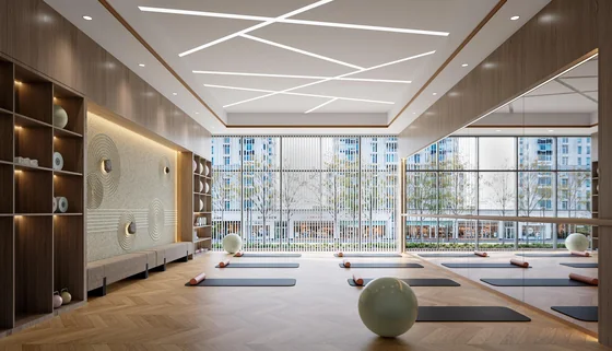 Phòng yoga clubhouse Gladia Heights, trần đèn vạch sáng và cửa kính lớn