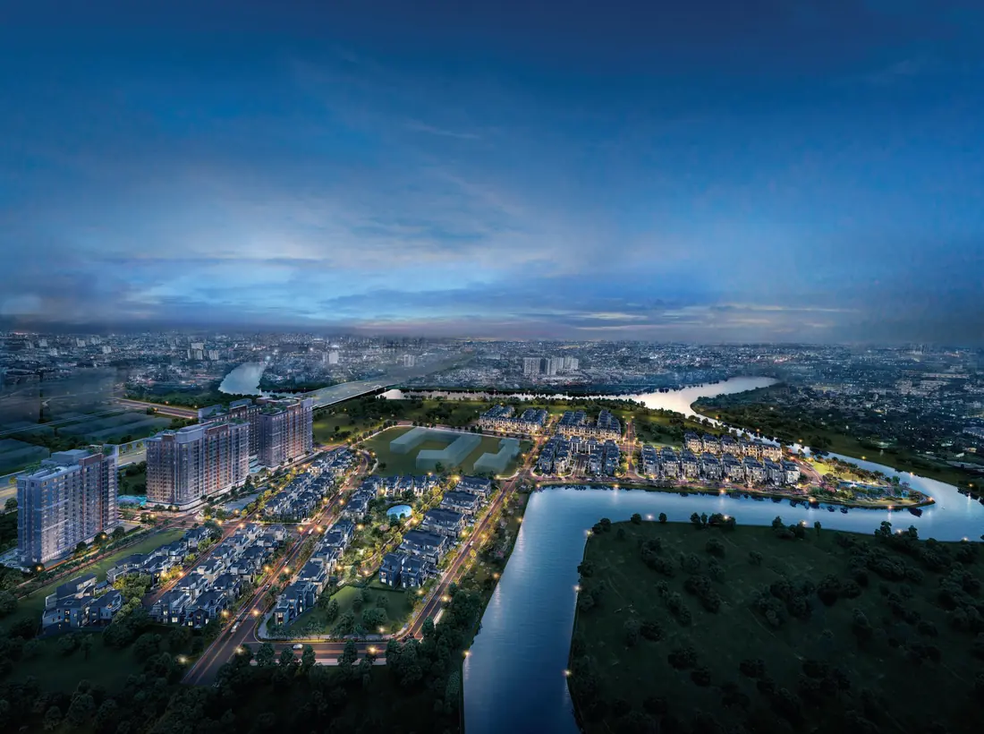 Khu Gladia về đêm bên sông: 3 tháp Gladia Heights lên đèn cạnh khu biệt thự Gladia by the Waters