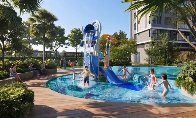 Khu vui chơi nước trẻ em Gladia Heights với cầu trượt và thuyền buồm