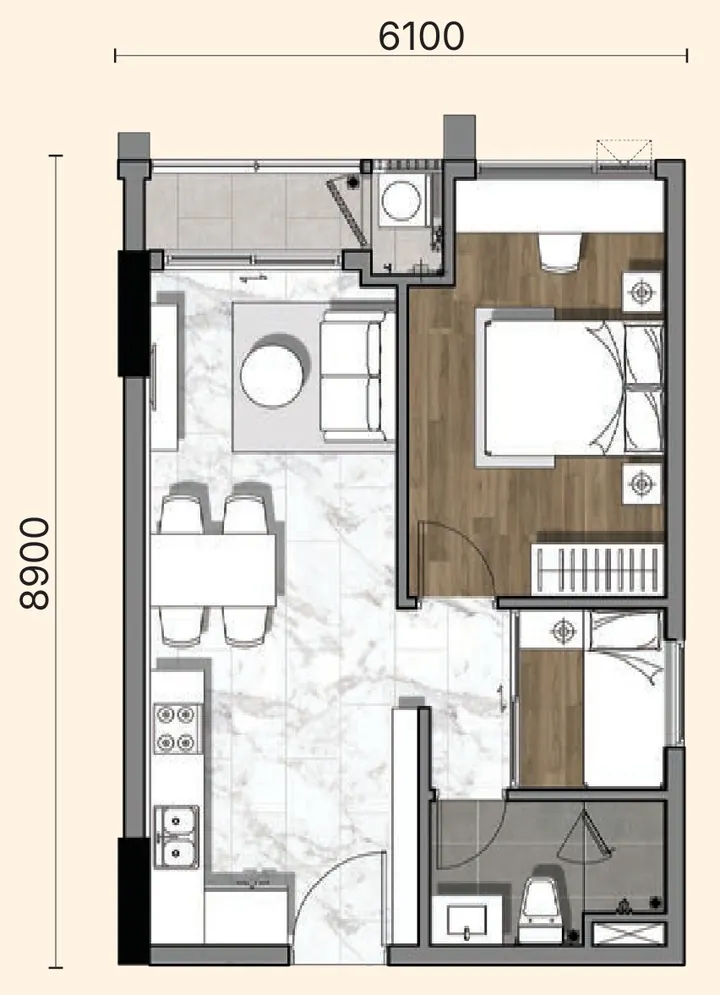 Layout căn 1BL Gladia Heights: 1 phòng ngủ, diện tích tim tường 53,46 m²