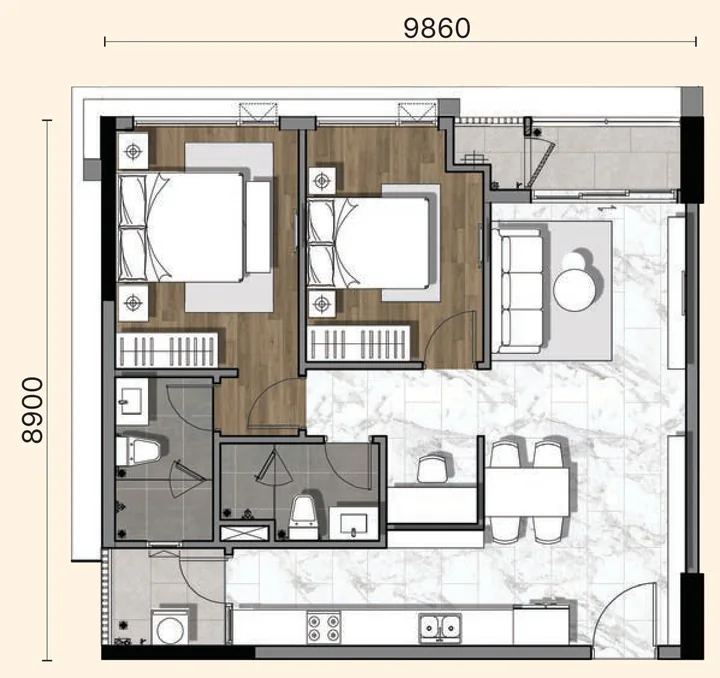 Layout căn 2BL-a Gladia Heights: 2 phòng ngủ, diện tích tim tường 85,09 m²
