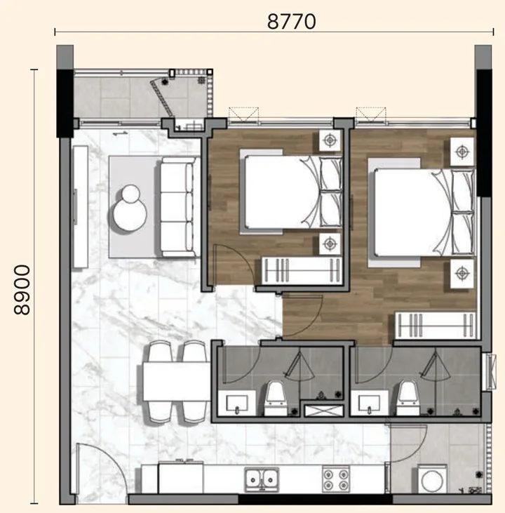 Layout căn 2BS-a Gladia Heights: 2 phòng ngủ, diện tích tim tường 71,35 m²