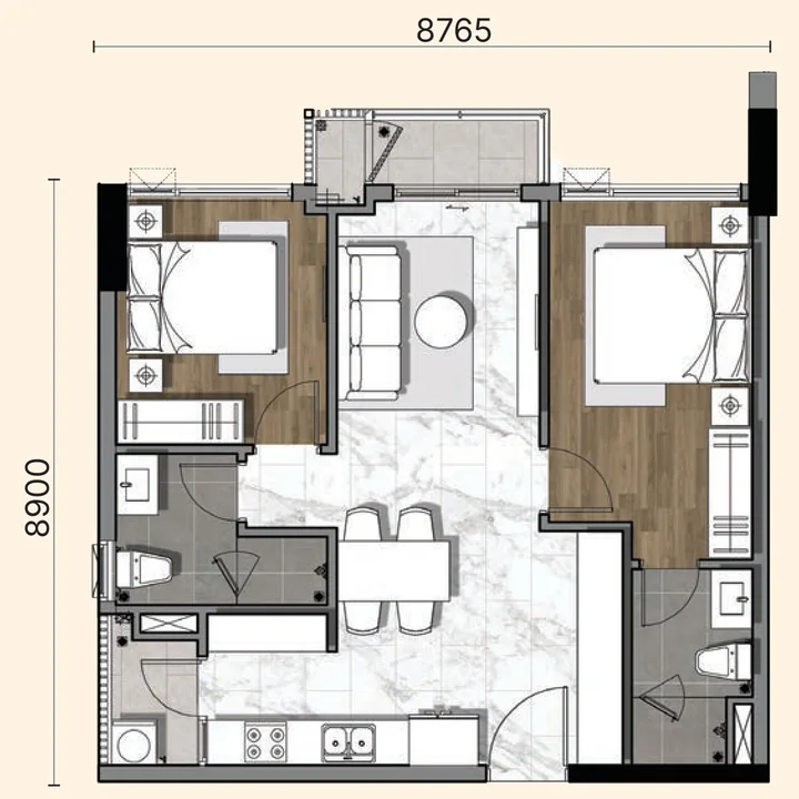 Layout căn 2BS-c Gladia Heights: 2 phòng ngủ, diện tích tim tường 71,55 m²