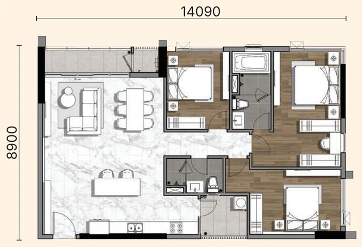 Layout căn 3BL-a Gladia Heights: 3 phòng ngủ, diện tích tim tường 124,70 m²