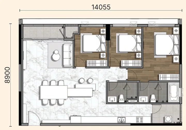 Layout căn 3BL-b Gladia Heights: 3 phòng ngủ, diện tích tim tường 123,85 m²