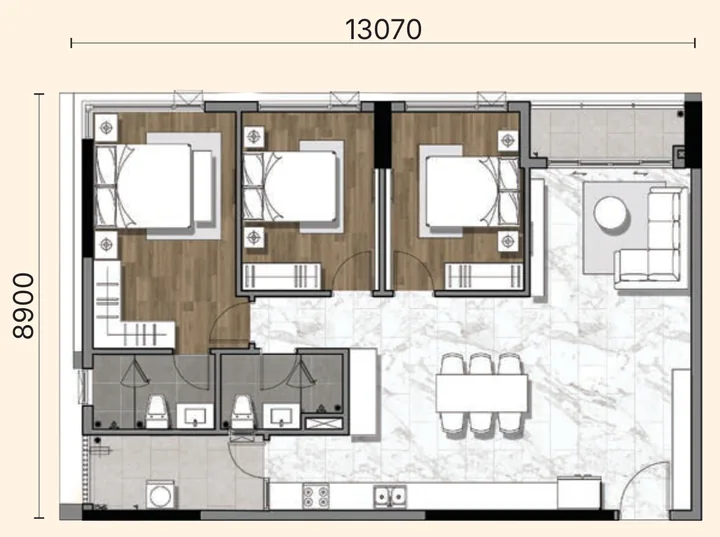 Layout căn 3BS Gladia Heights: 3 phòng ngủ, diện tích tim tường 114,95 m²