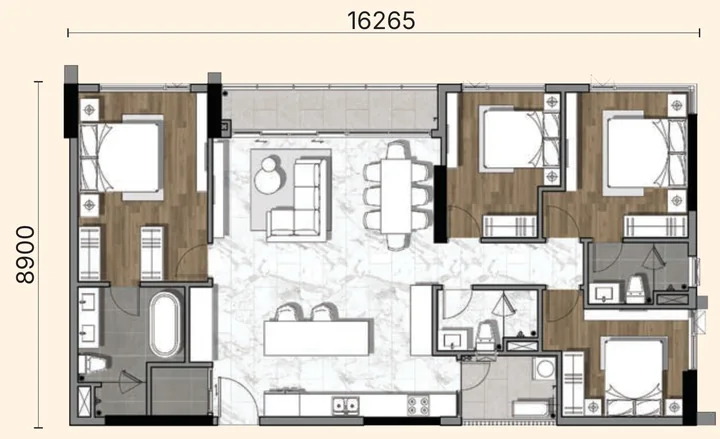 Layout căn 4B Gladia Heights: 4 phòng ngủ, diện tích tim tường 144,19 m²