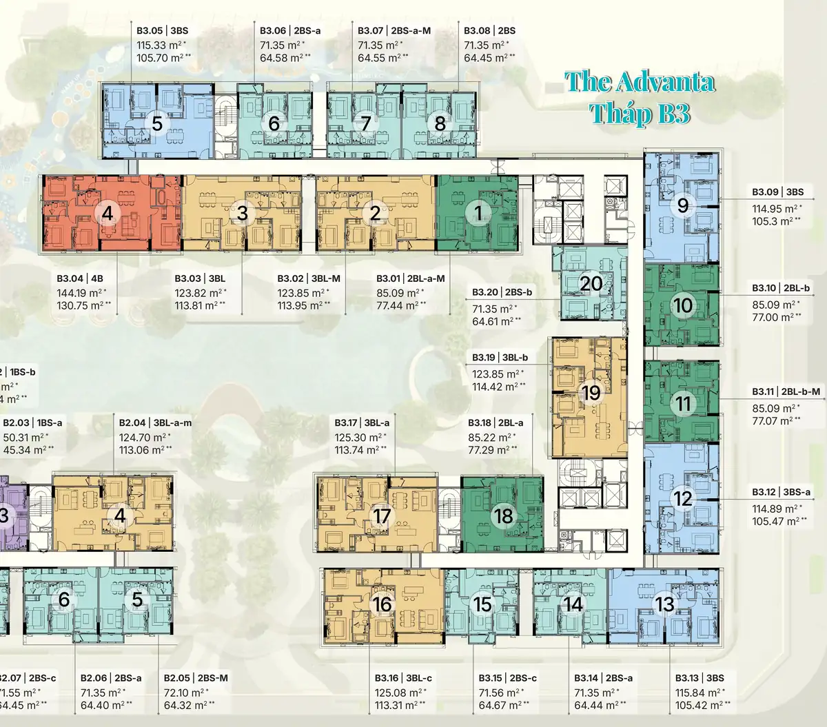 Mặt bằng tầng điển hình The Advanta tháp B3 Gladia Heights: 20 căn mỗi tầng, mã căn và diện tích