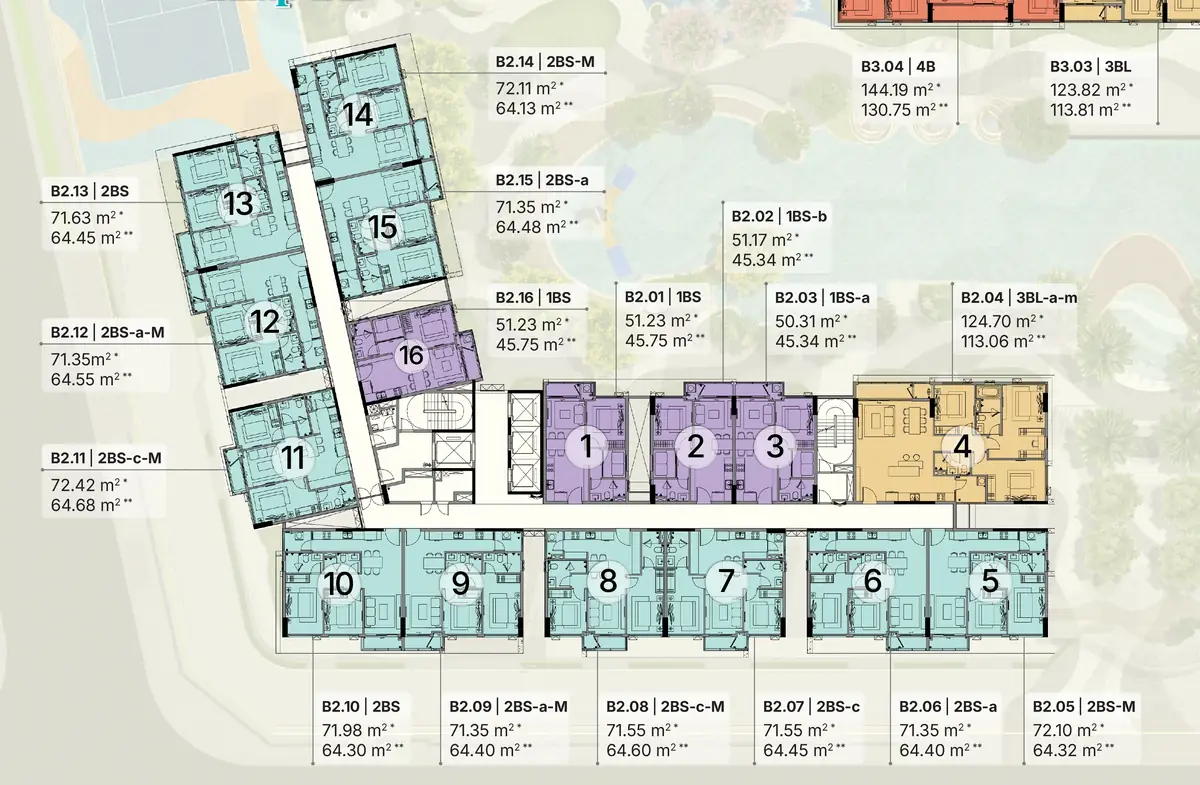 Mặt bằng tầng điển hình The First tháp B2 Gladia Heights: 16 căn mỗi tầng, mã căn và diện tích