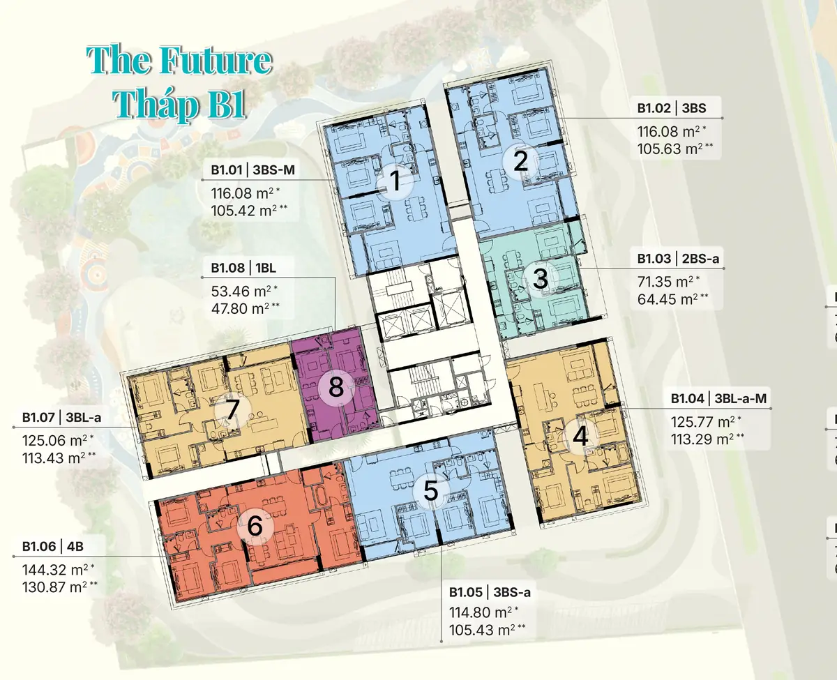 Mặt bằng tầng điển hình The Future tháp B1 Gladia Heights: 8 căn mỗi tầng, mã căn và diện tích
