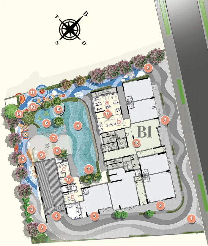 Mặt bằng tiện ích The Future tháp B1 Gladia Heights: hồ bơi ánh sao, sân chơi, clubhouse, số 1–17