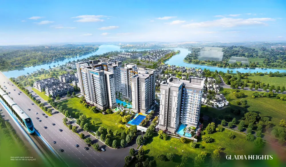 Gladia Heights nhìn từ trên cao: 3 tháp căn hộ bên sông, trục Võ Chí Công và tuyến metro tương lai