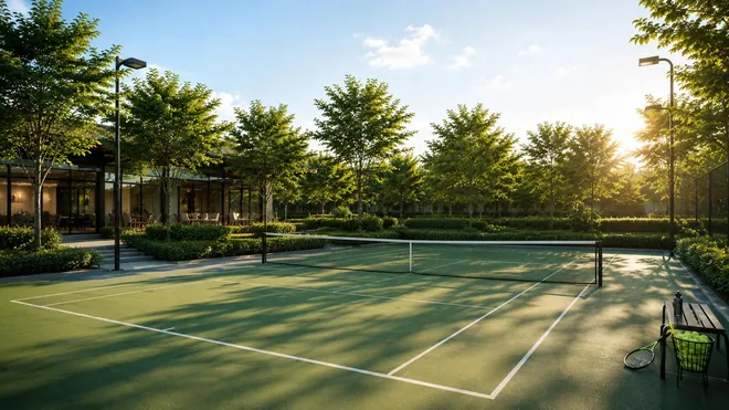 Sân tennis nội khu Gladia Heights giữa hàng cây xanh lúc chiều