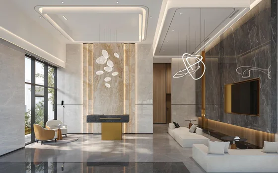Sảnh tiếp khách riêng của tháp căn hộ Gladia Heights, nội thất đá sáng màu