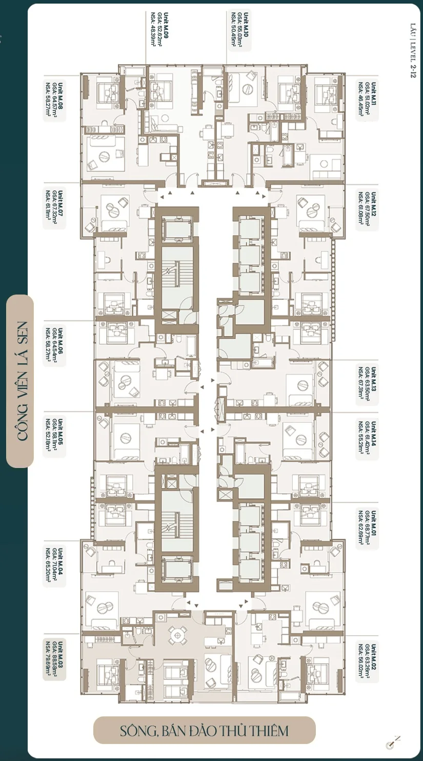 Mặt bằng tầng điển hình tòa Lake Grand Marina Saigon, tầng 2–12, 14 căn mỗi tầng