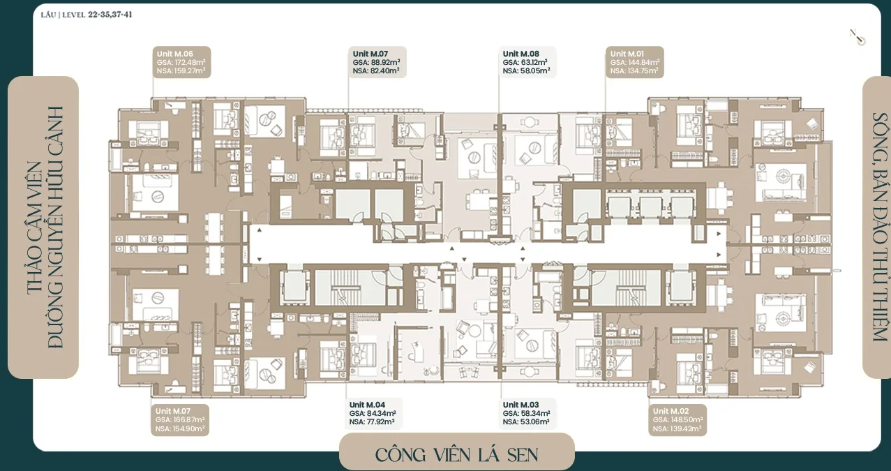 Mặt bằng tầng điển hình tòa Lake Grand Marina Saigon, tầng 22–35 và 37–41, 8 căn mỗi tầng