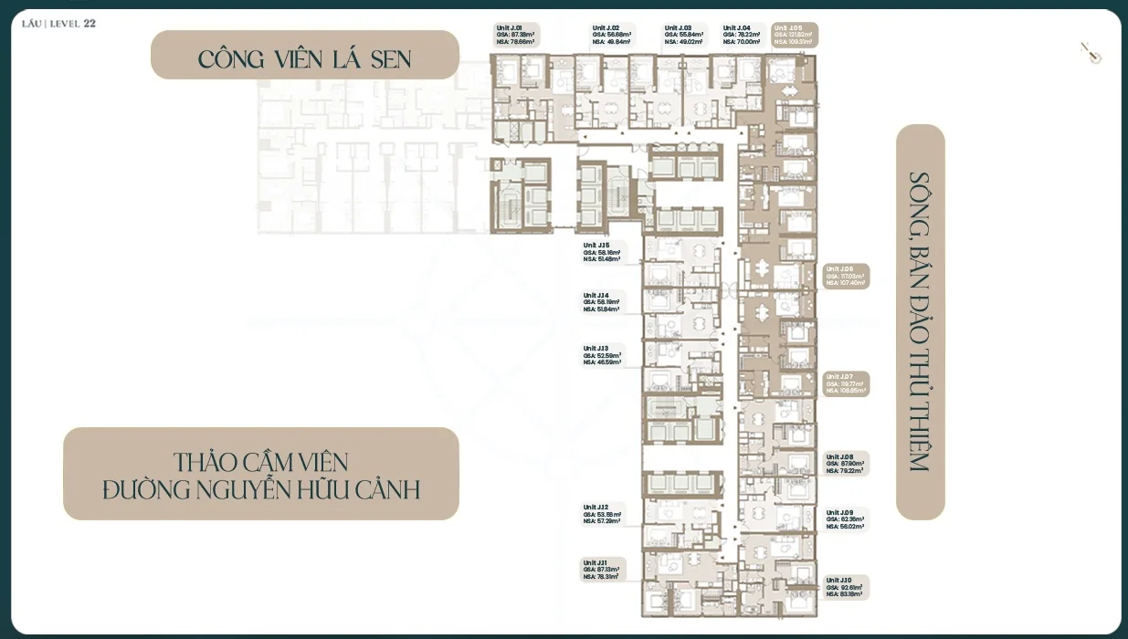 Mặt bằng tầng 22 tòa Sea Grand Marina Saigon, view sông – bán đảo Thủ Thiêm và công viên Lá Sen