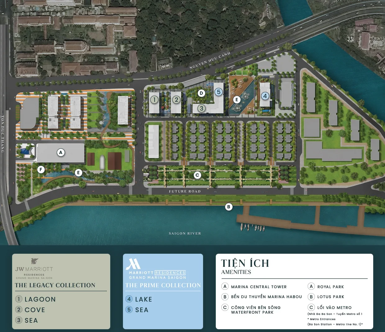 Mặt bằng tổng thể Grand Marina Saigon đánh số 5 tòa tháp giai đoạn 1 và các tiện ích ven sông Sài Gòn