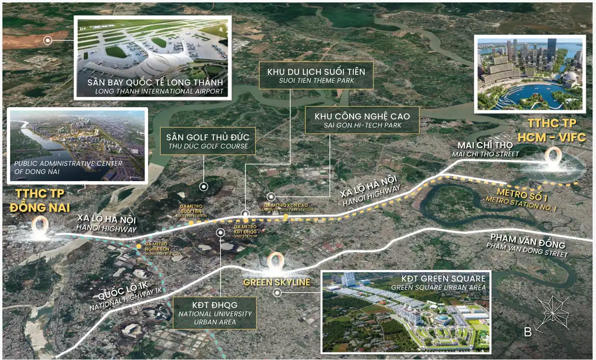 Bản đồ vùng Green Skyline: 25 phút tới trung tâm tài chính VIFC TP.HCM, trung tâm hành chính TP. Đồng Nai