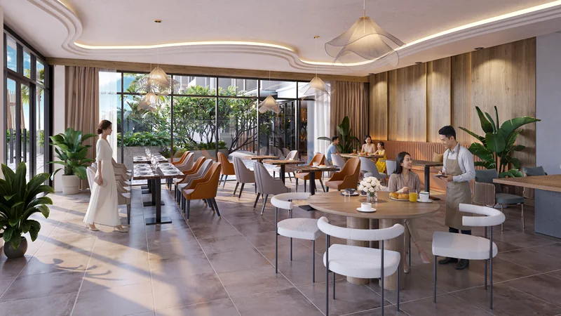 Khu cà phê – nhà hàng Green Skyline với vách kính lớn mở ra vườn