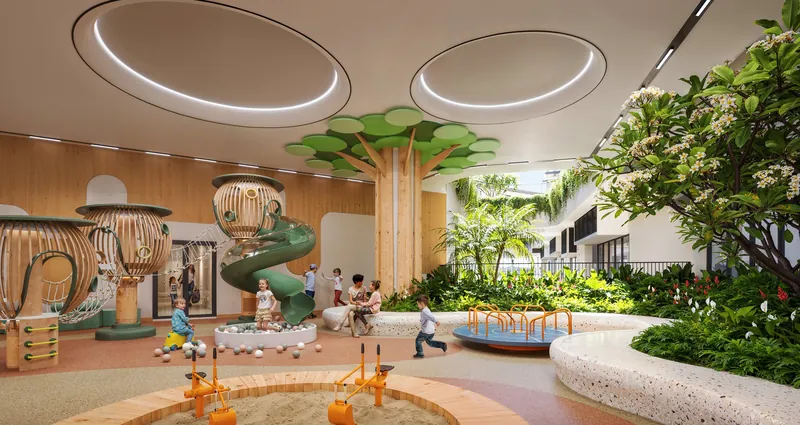 Khu vui chơi trẻ em trong nhà Green Skyline với cây xanh, cầu trượt và khu vận động