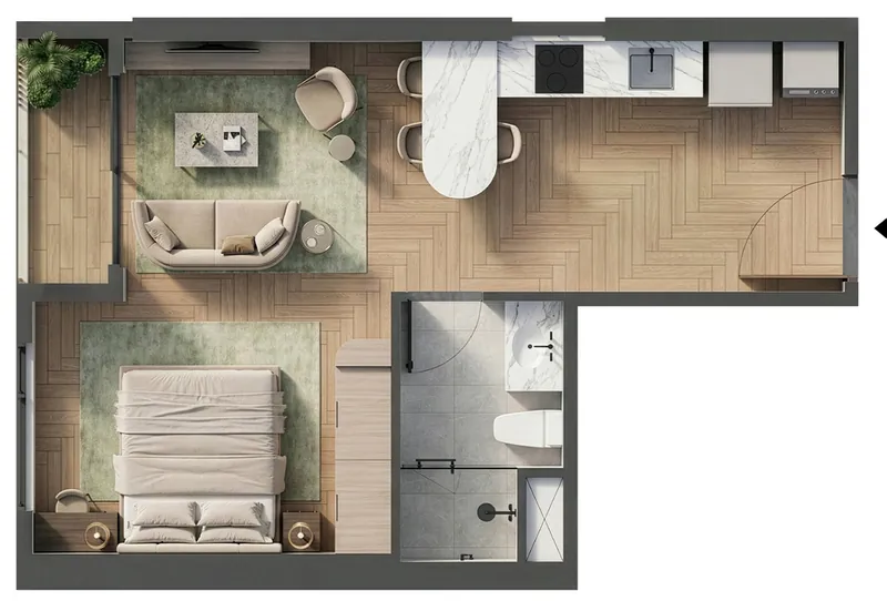 Layout căn hộ Studio Green Skyline: diện tích tim tường 40,08–44,78 m², sử dụng 35,18–40,20 m²