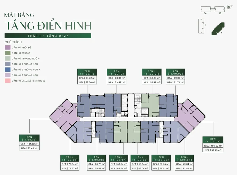 Mặt bằng tầng điển hình 9–27 tháp T1 Green Skyline: căn 1PN+, 2PN, 2PN+, 3PN với diện tích GFA, NFA