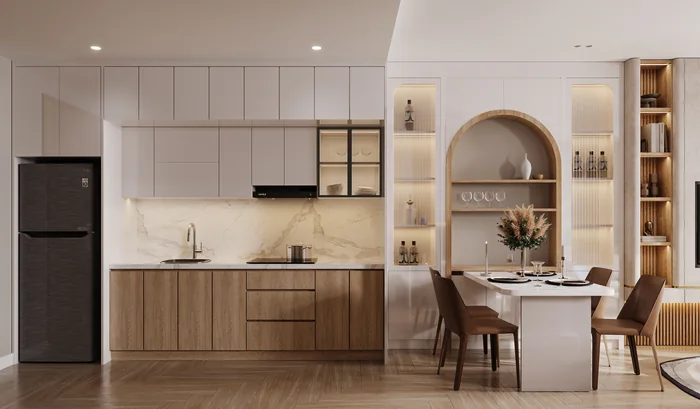 Phối cảnh nội thất căn hộ 1PN Green Skyline: bếp và bàn ăn tông gỗ sáng