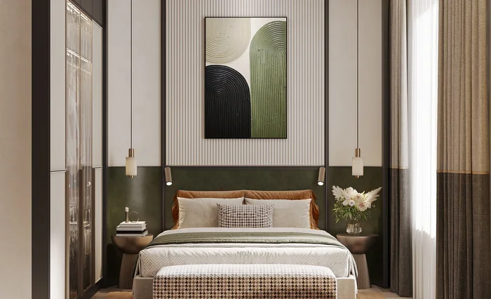 Phối cảnh nội thất căn hộ 2PN Green Skyline: phòng ngủ tông xanh rêu và gỗ ấm