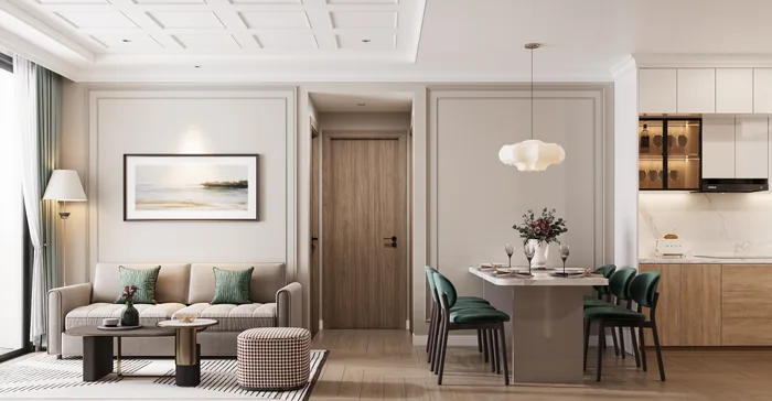 Phối cảnh nội thất căn hộ 3PN Green Skyline: phòng khách liền bếp và bàn ăn