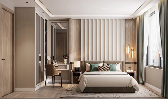 Phối cảnh nội thất căn hộ 3PN Green Skyline: phòng ngủ master với vách đầu giường bọc nệm