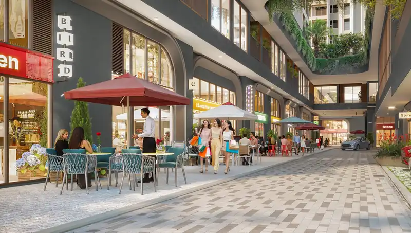 Phố thương mại khối đế Green Skyline: cửa hàng, quán cà phê và lối đi bộ cho cư dân và khu vực