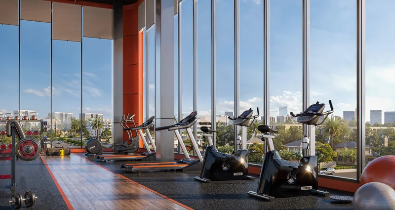 Phòng gym Green Skyline với vách kính lớn nhìn ra thành phố