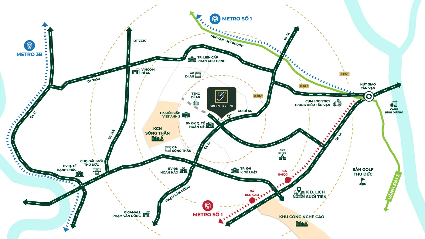 Sơ đồ vị trí Green Skyline giao Quốc lộ 1K: Metro số 1, ĐHQG, KCN Sóng Thần, Bệnh viện Hoàn Mỹ, GO! Dĩ An, nút giao Tân Vạn
