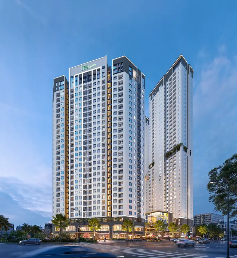 Phối cảnh tháp căn hộ Green Skyline của TBS Land với khối đế thương mại 3 tầng bên đường GS1