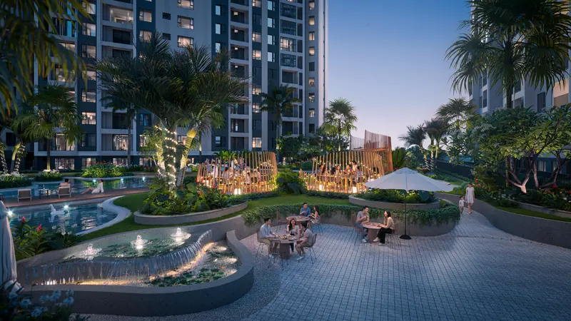 Vườn BBQ Green Skyline bên hồ tiểu cảnh và cây xanh lúc lên đèn