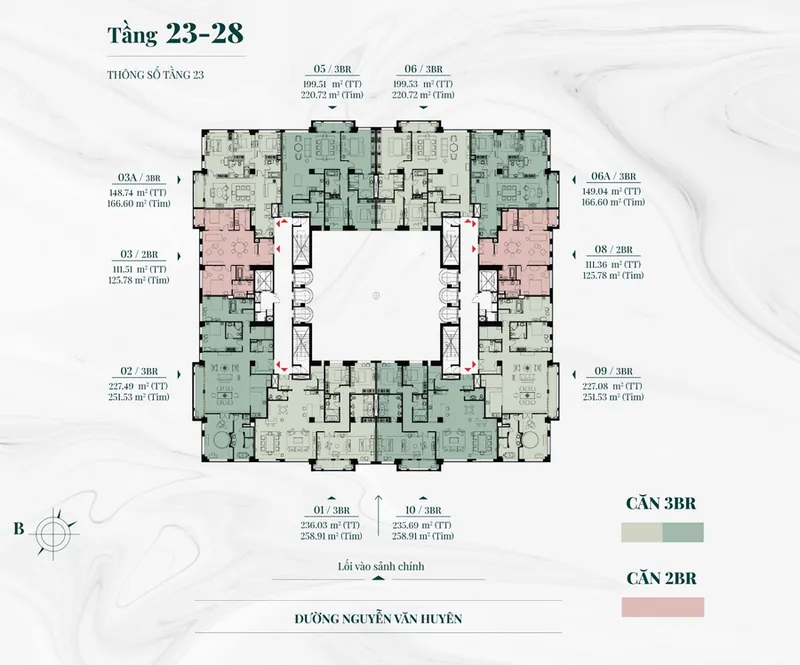 Mặt bằng tầng 23–28 Hanoi Signature: 10 căn hộ 2 – 3 phòng ngủ quanh giếng trời, tầm nhìn 4 hướng