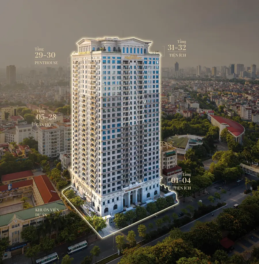 Phân tầng Hanoi Signature: tầng 1–4 tiện ích, tầng 5–28 căn hộ, tầng 29–30 penthouse, tầng 31–32 tiện ích