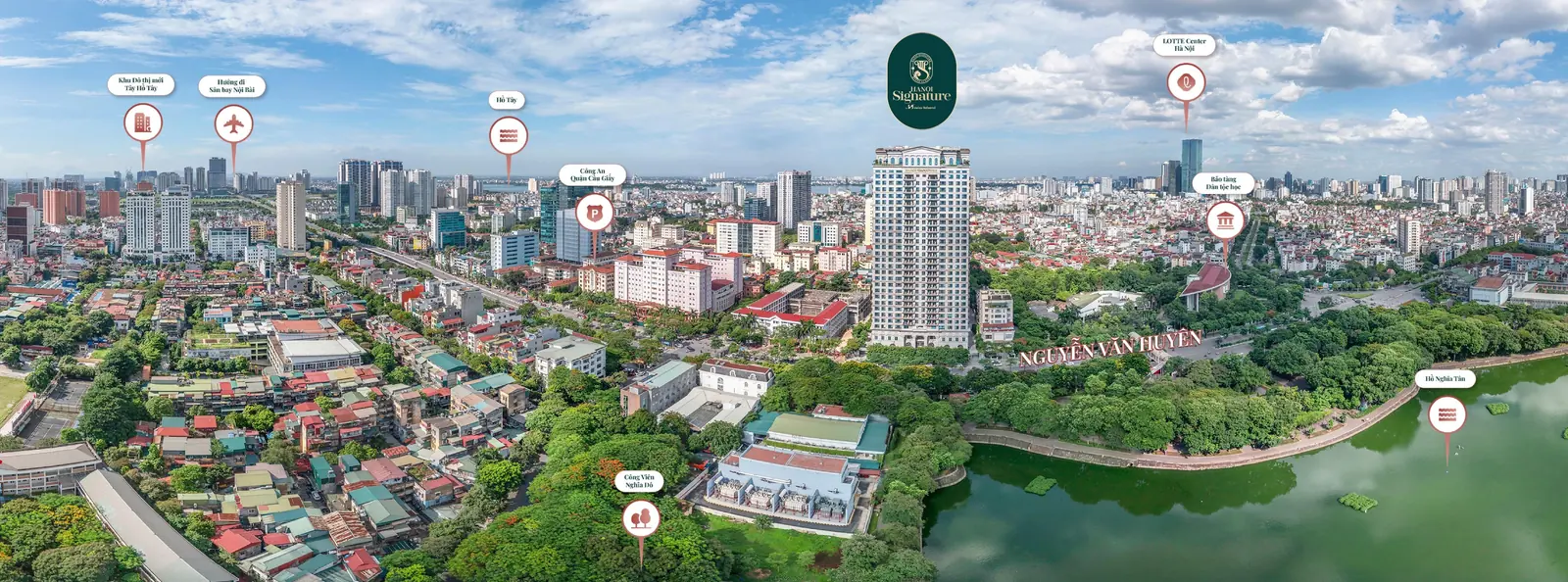 Ảnh flycam vị trí Hanoi Signature giữa Bảo tàng Dân tộc học, hồ Nghĩa Tân, công viên Nghĩa Đô, Hồ Tây và Lotte Center Hà Nội