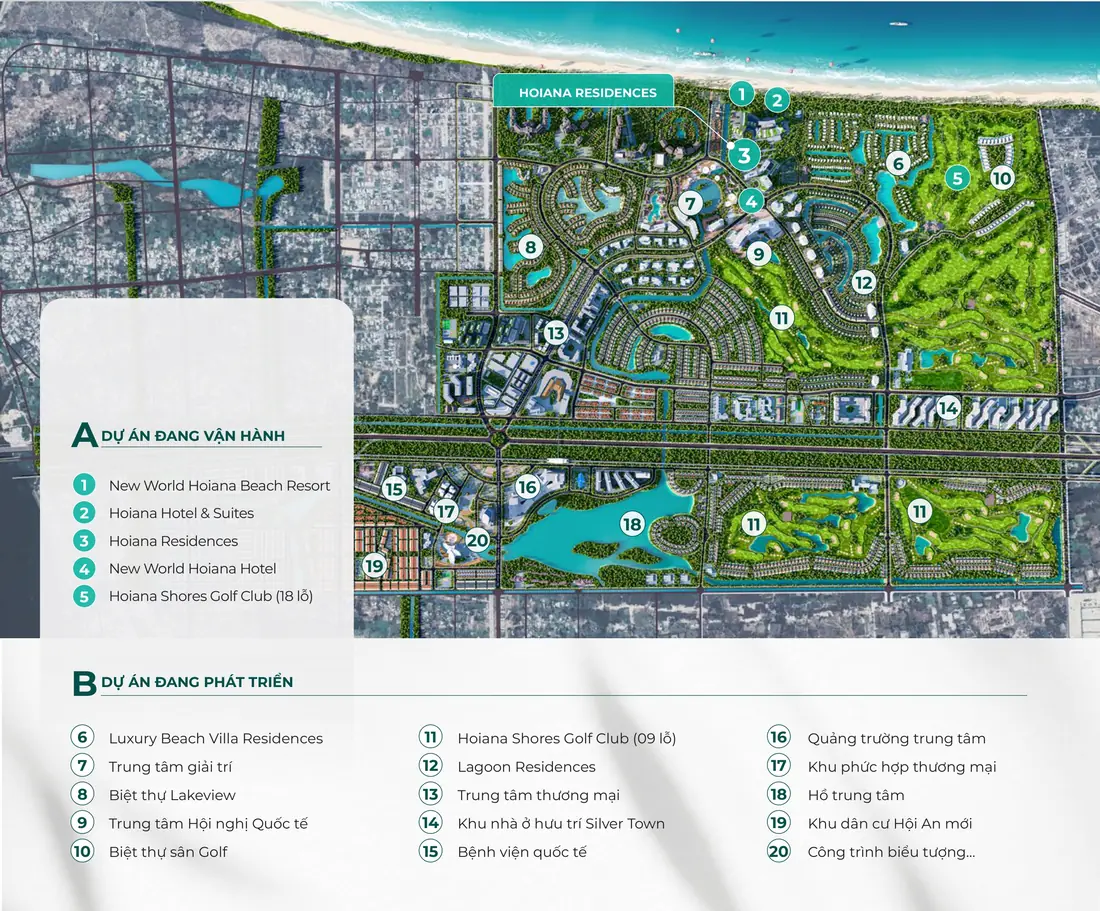 Bản đồ tổng thể Hoiana Resort & Golf: 5 dự án đang vận hành, 15 dự án đang phát triển, vị trí Hoiana Residences