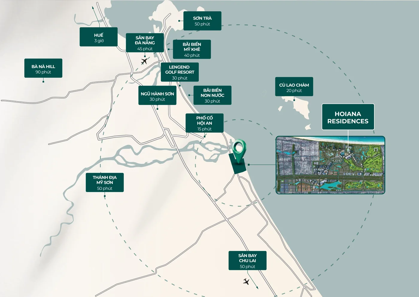 Bản đồ vị trí Hoiana Residences: 15 phút tới phố cổ Hội An, 45 phút tới sân bay Đà Nẵng, 20 phút tới Cù Lao Chàm