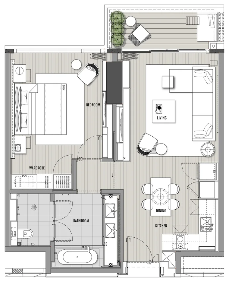Mặt bằng căn hộ 1 phòng ngủ 73 m² Hoiana Residences loại B, tháp 2