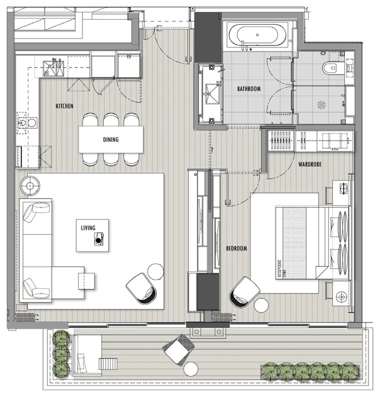 Mặt bằng căn hộ 1 phòng ngủ 90 m² Hoiana Residences loại C, tháp 2